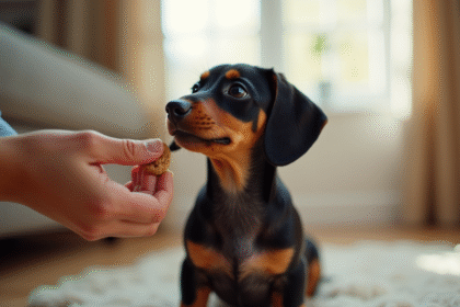 Chiot dachshund miniature attentif regardant en haut