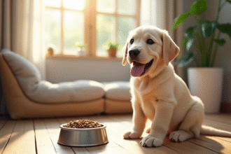 Chiot labrador americain heureux dans un salon moderne