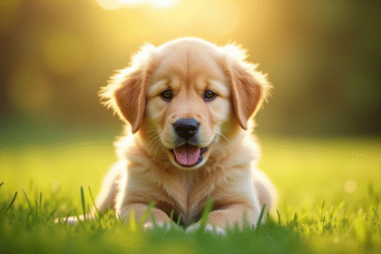 Chiot labrador doré dans un pré ensoleillé
