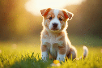 Chiot mâle adorable dans un champ ensoleille