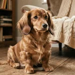 Chiot teckel à poil long assis sur un parquet en bois dans un salon rustique chaleureux, regardant l'objectif avec une expression curieuse et équilibrée