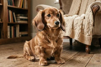 Chiot teckel à poil long assis sur un parquet en bois dans un salon rustique chaleureux, regardant l'objectif avec une expression curieuse et équilibrée