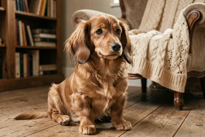 Chiot teckel à poil long assis sur un parquet en bois dans un salon rustique chaleureux, regardant l'objectif avec une expression curieuse et équilibrée