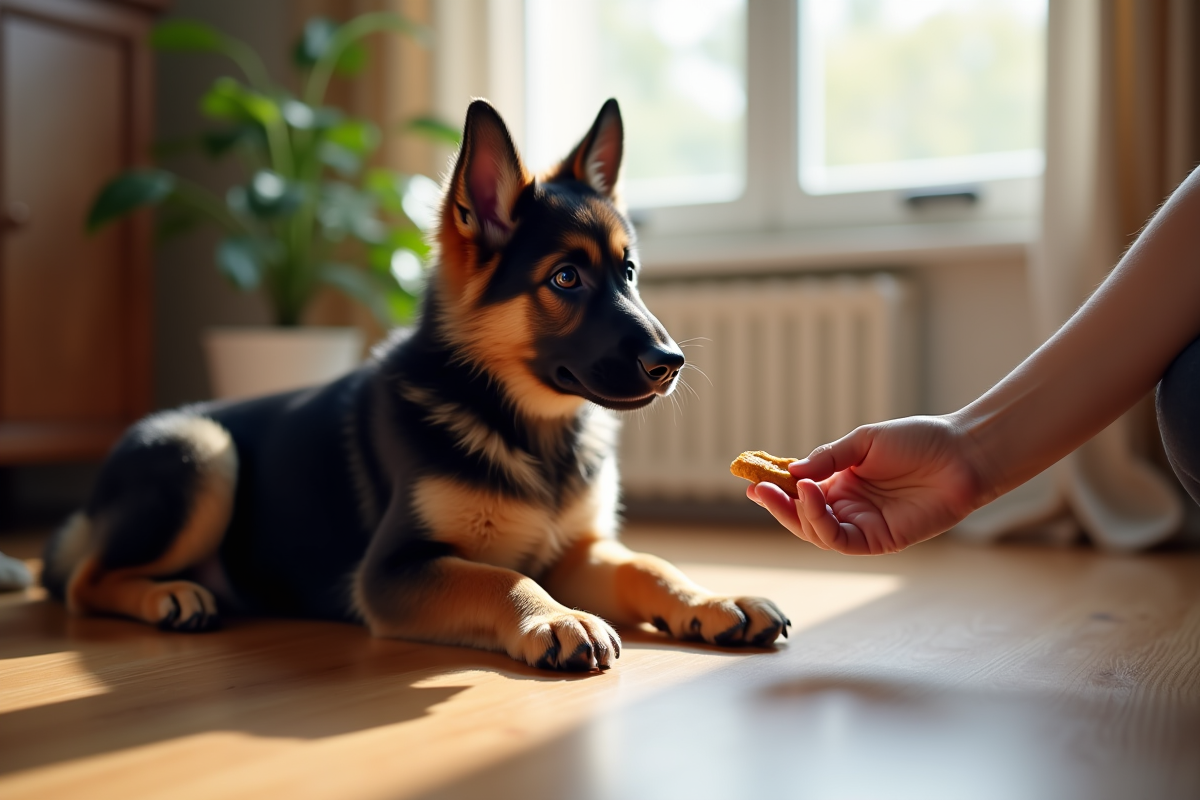 Chiot berger allemand assis attentivement avec une friandise