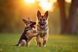 Chiot berger allemand joueur en plein air lors du golden hour