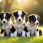 Trois chiots border collie à différents stades de croissance dans un jardin ensoleille
