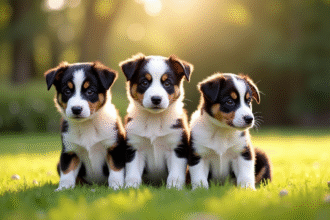 Trois chiots border collie à différents stades de croissance dans un jardin ensoleille