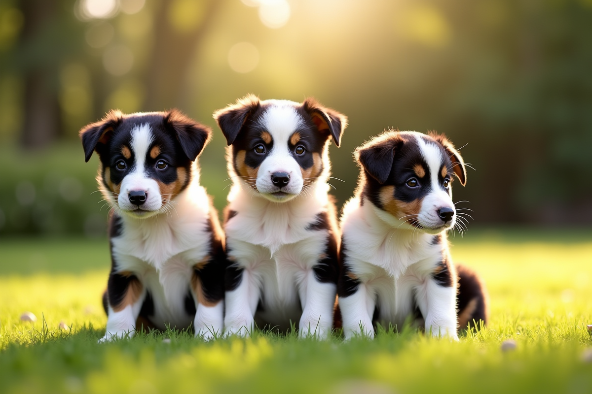 Trois chiots border collie à différents stades de croissance dans un jardin ensoleille