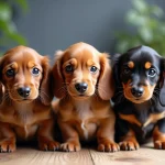 Trois chiots teckel miniature aux pelages différents sur une table en bois