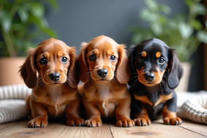 Trois chiots teckel miniature aux pelages différents sur une table en bois