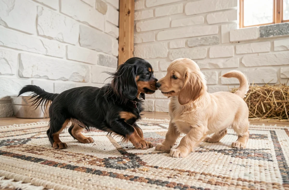 Deux chiots teckels à poil long jouant ensemble sur un tapis en laine dans une salle d'élevage lumineuse aux murs en pierre blanchis, capturant leur comportement naturel et équilibré