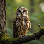 Chouette hulotte perchée sur une branche mousseuse en forêt, montrant son disque facial rond et ses yeux sombres caractéristiques
