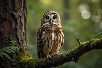 Chouette hulotte perchée sur une branche mousseuse en forêt, montrant son disque facial rond et ses yeux sombres caractéristiques