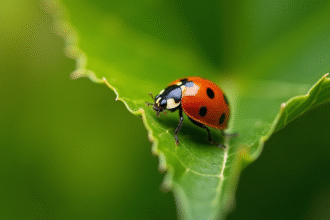 Coccinelle rouge sur une feuille verte en macro