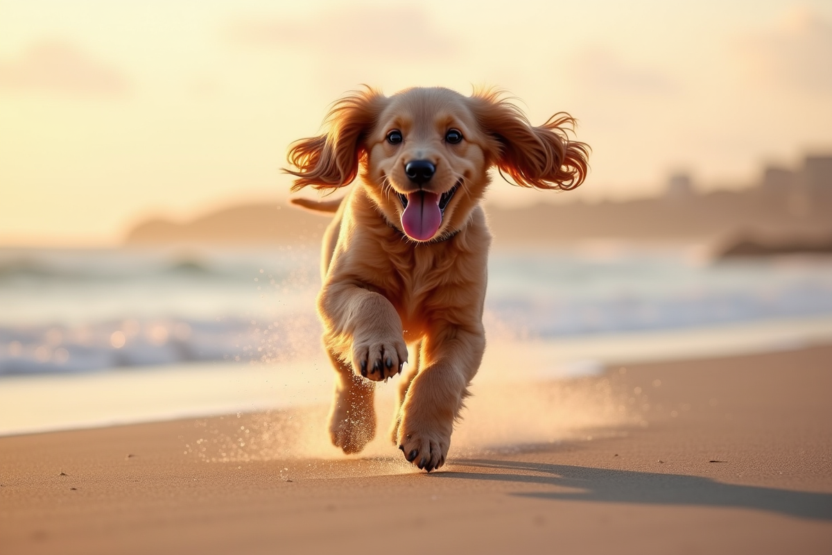 Chien cocker spaniel adulte courant sur la plage au lever du soleil