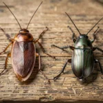 Vue macro comparant un cafard et un carabe côte à côte sur une surface en bois, montrant leurs différences anatomiques