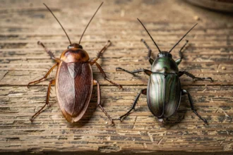 Vue macro comparant un cafard et un carabe côte à côte sur une surface en bois, montrant leurs différences anatomiques