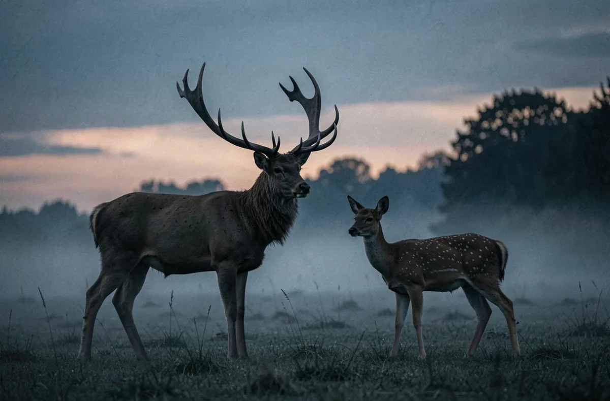 Cerf et chevreuil photographiés côte à côte au crépuscule, comparaison visuelle de leur taille et silhouette