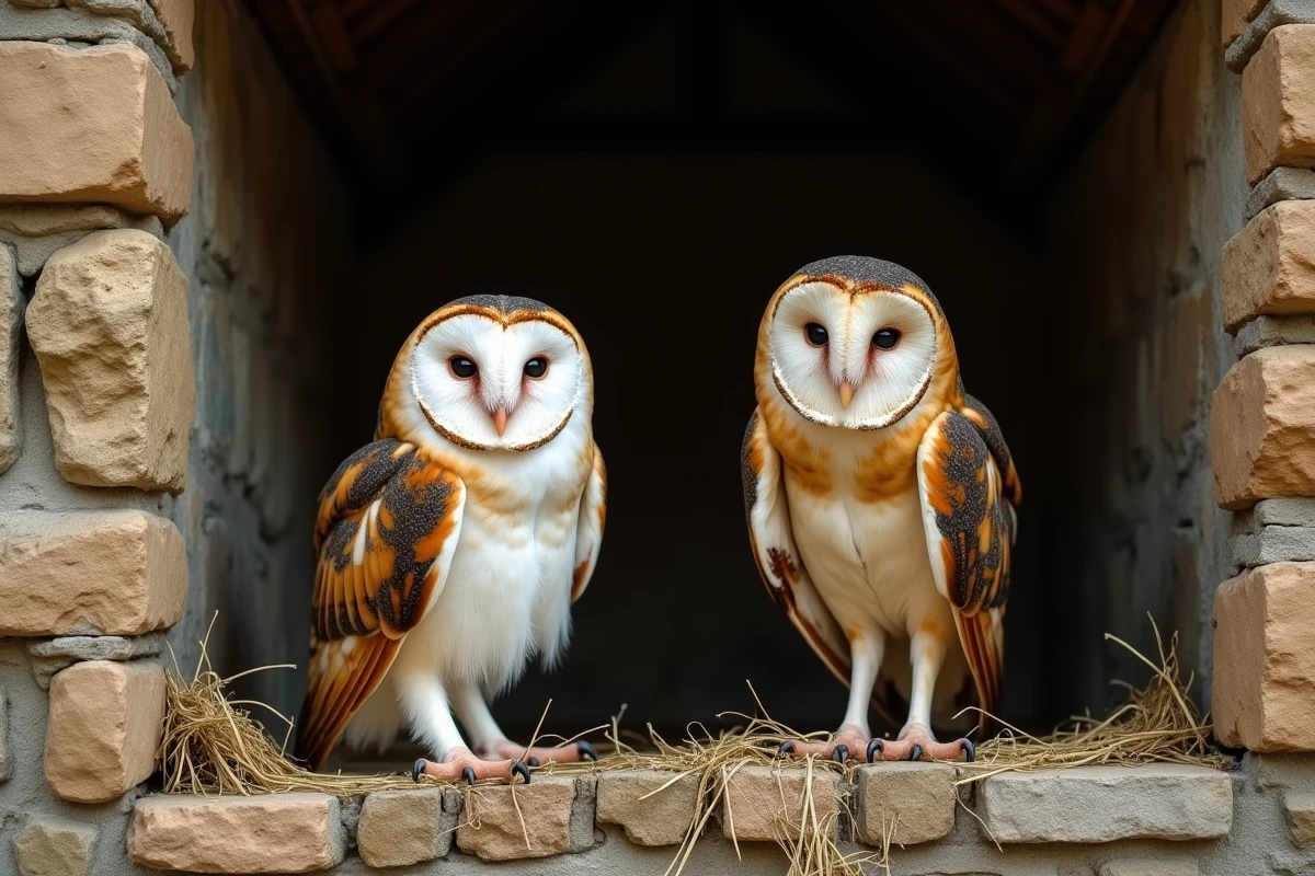 Comparaison côte à côte d'une chouette effraie et d'un hibou moyen-duc dans une grange en pierre, montrant la différence de disque facial