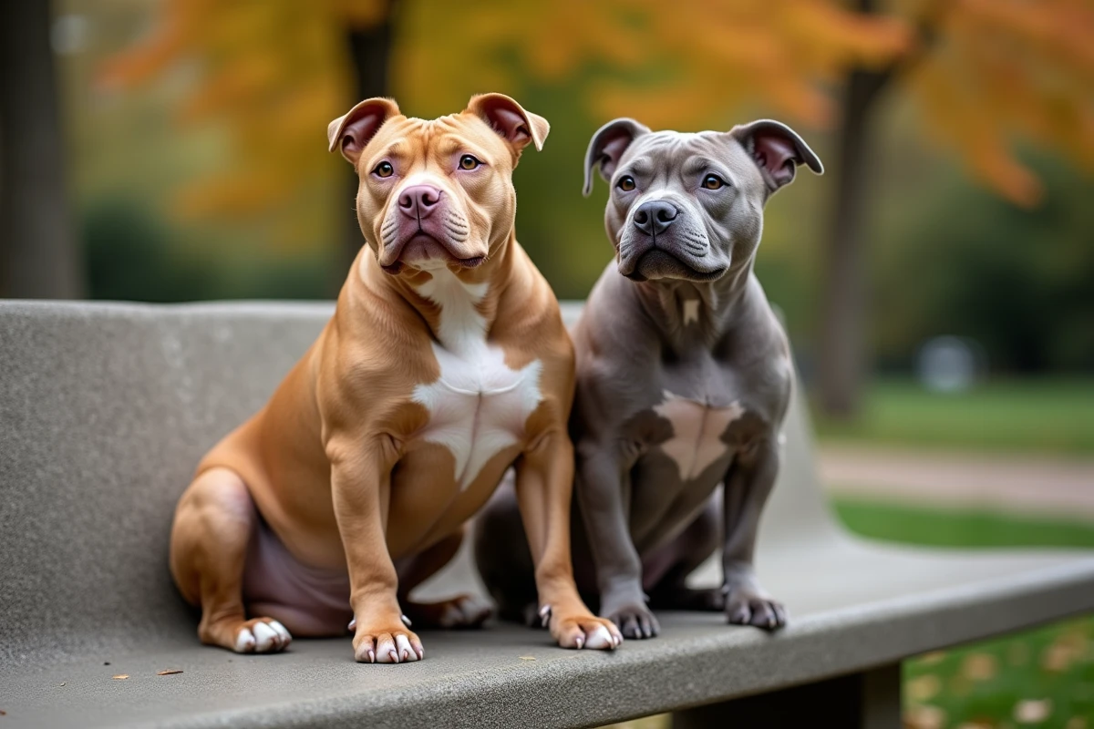 Deux American Bully Exotic côte à côte montrant les traits distinctifs du type exotique : corps trapu, tête massive et pattes courtes