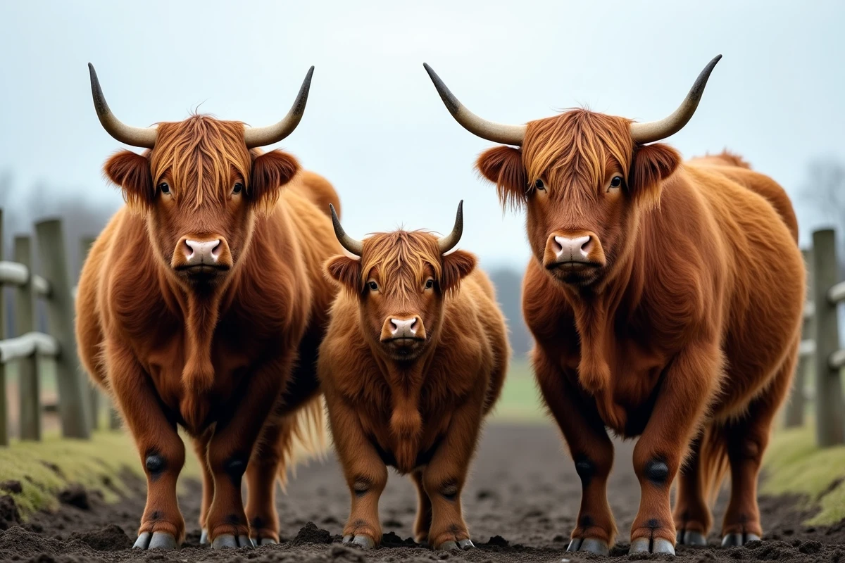Comparaison entre deux vaches Highland au long pelage ondulé et une vache Galloway à poil court dans un pré rural clôturé