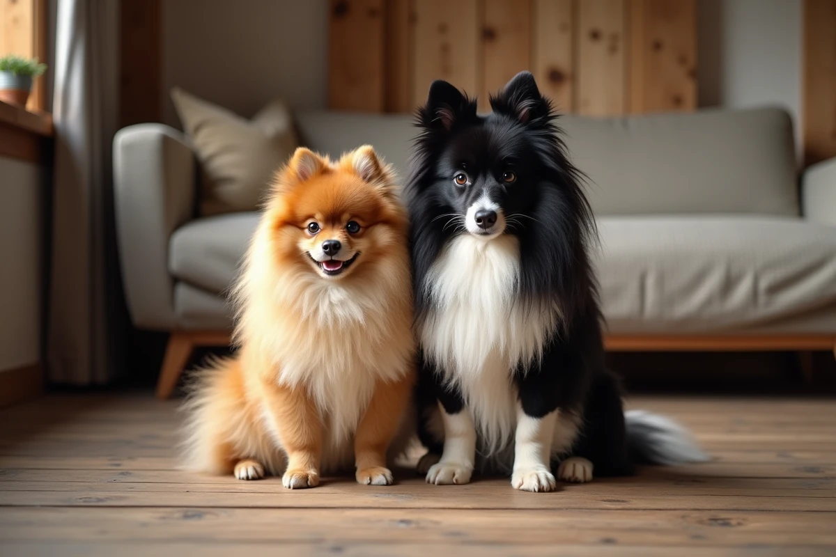 Loulou de Poméranie et spitz allemand côte à côte sur un plancher en bois dans un intérieur chaleureux, comparaison de taille et de pelage