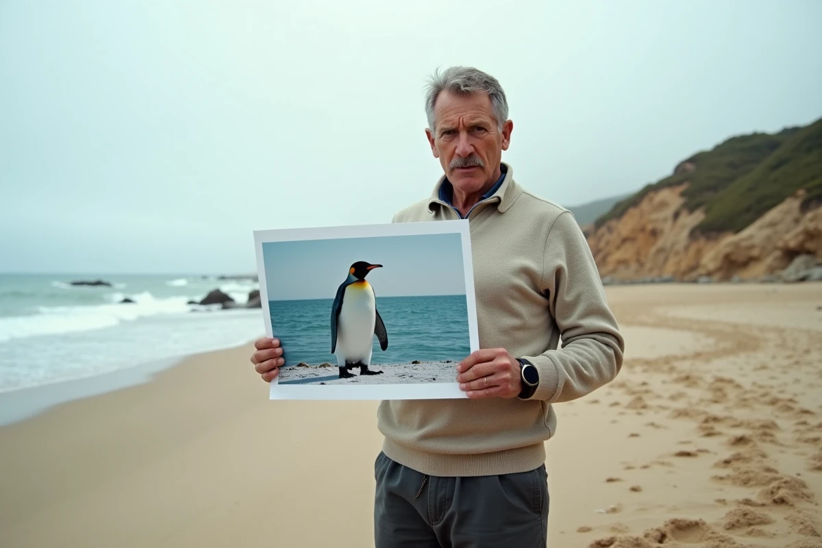 Homme sur une plage comparant une photo imprimée de manchot avec le paysage côtier réel pour détecter des modifications