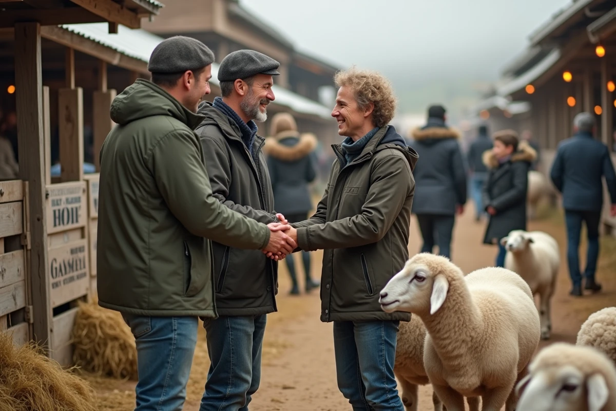 Jeune couple urbain serre la main à un berger avec moutons