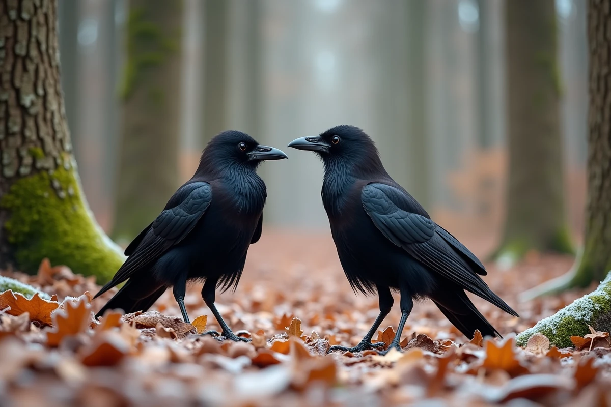 Couple de corbeaux mâle et femelle au sol dans une forêt automnale givrée, interaction sociale naturelle en milieu sauvage