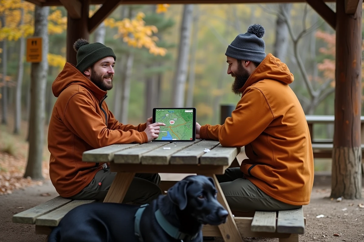 Couple en randonnée avec leur labrador noir consultant une application de sentiers dog-friendly sur une tablette à une aire de repos