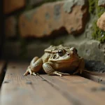 Crapaud brun posé sur un plancher en bois à l'intérieur d'une maison rustique avec des crottes visibles près de lui