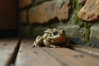 Crapaud brun posé sur un plancher en bois à l'intérieur d'une maison rustique avec des crottes visibles près de lui