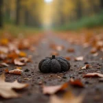 Crotte de renard au milieu d'un chemin forestier en automne entourée de feuilles mortes