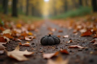 Crotte de renard au milieu d'un chemin forestier en automne entourée de feuilles mortes