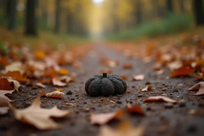 Crotte de renard au milieu d'un chemin forestier en automne entourée de feuilles mortes