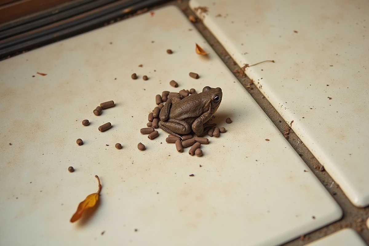 Gros plan de crottes de crapaud sur un carrelage beige près d'une entrée de maison