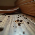 Crottes de rongeur nocturne sur un plancher en bois dans une cuisine, signe d'infestation active