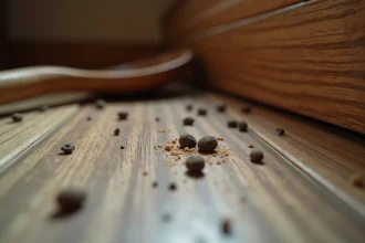 Crottes de rongeur nocturne sur un plancher en bois dans une cuisine, signe d'infestation active