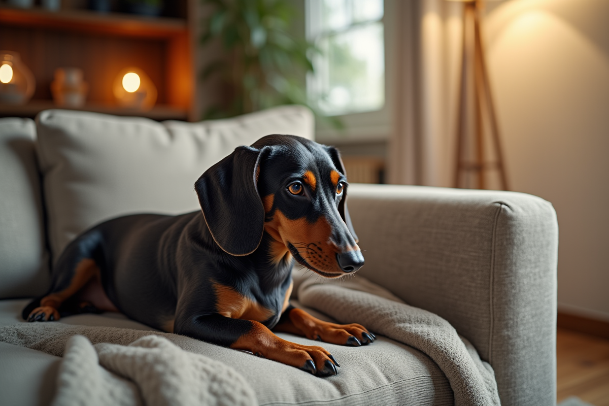 Chien dachshund adulte reposant sur un canapé cosy