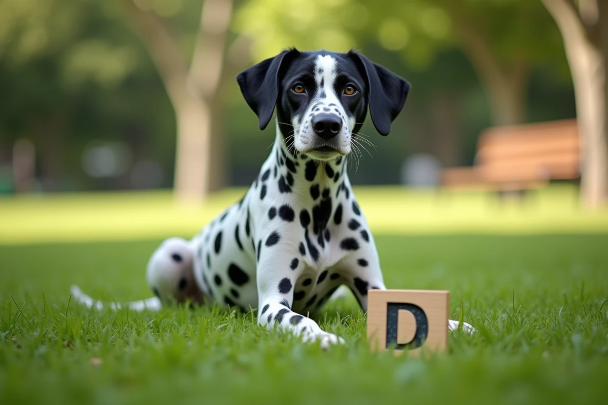 Dalmatien assis dans un parc avec une tuile en bois portant la lettre D, illustrant un jeu éducatif sur les animaux