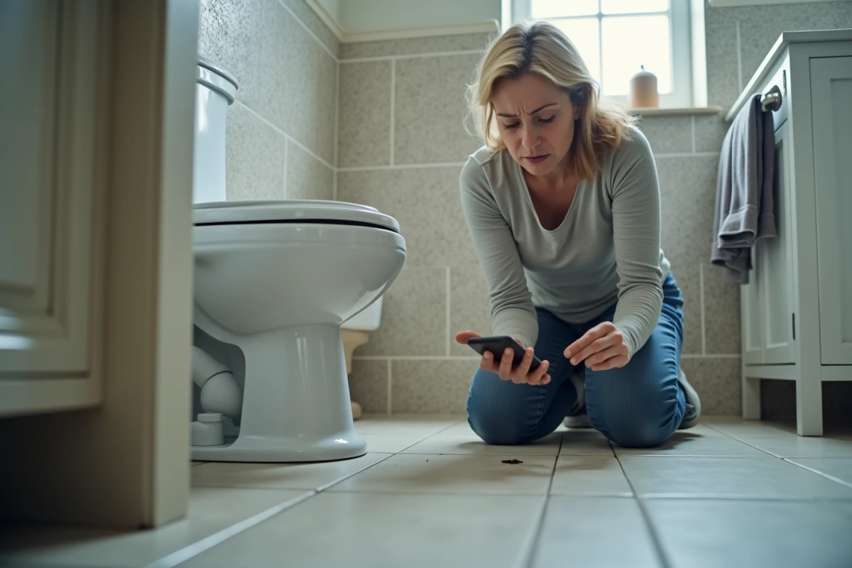 Femme inquiète découvrant des crottes d'animaux nocturnes sur le sol de la salle de bain de son domicile