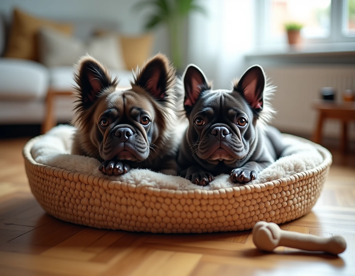 Deux bouledogues français à poils longs aux robes différentes au repos dans un appartement, soulevant des questions sur la diversité génétique et les dérives de sélection
