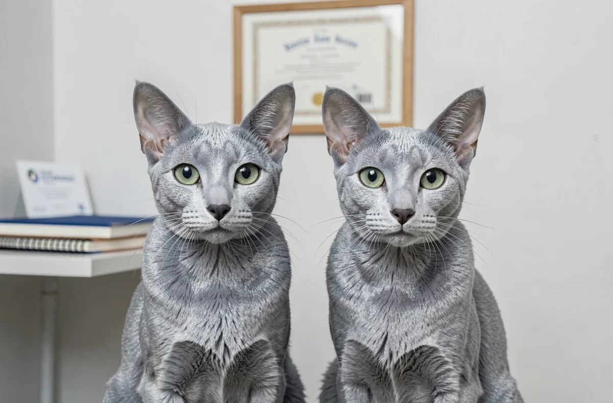 Deux chats Korat dans un élevage professionnel en France, illustrant les différences de prix du Korat selon les régions et les éleveurs