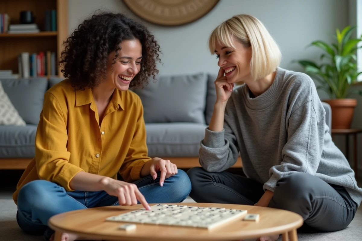 Deux femmes jouant à un jeu de mots sur le sol du salon, atmosphère détendue et complice entre amies