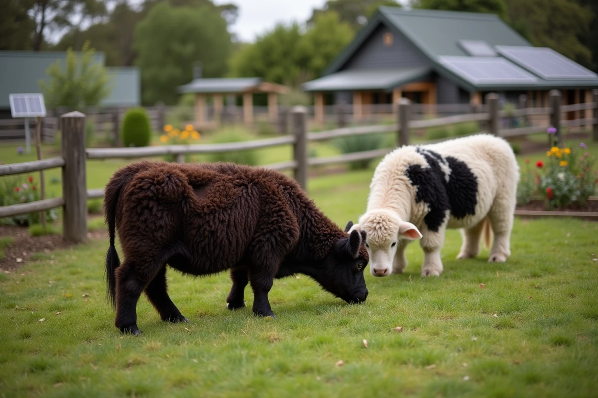 Deux mini vaches fluffy au pré dans un jardin autosuffisant avec potager et clôture en bois