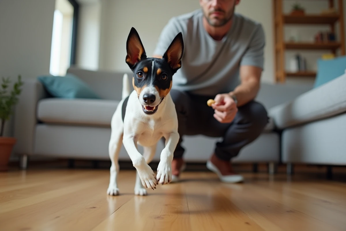 Propriétaire en appartement qui corrige le comportement d'un Fox Terrier à poil court avec une récompense