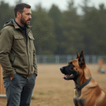 Dresseur de chien adulte avec un grand malinois en extérieur