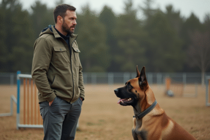 Dresseur de chien adulte avec un grand malinois en extérieur