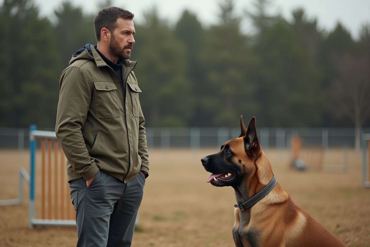 Dresseur de chien adulte avec un grand malinois en extérieur