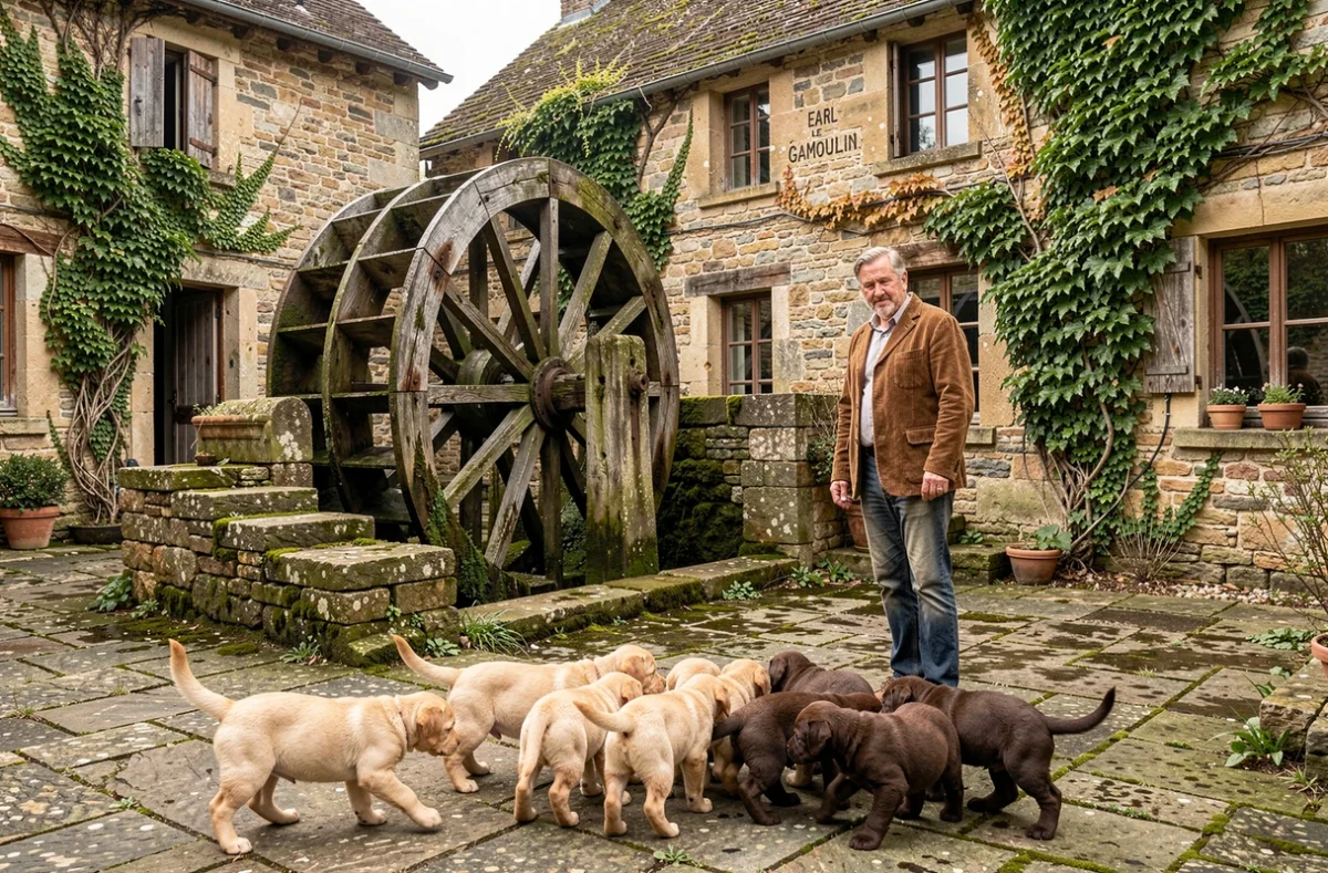 Chiots labrador dans la cour d'un ancien moulin à l'EARL Le Moulin Galveau